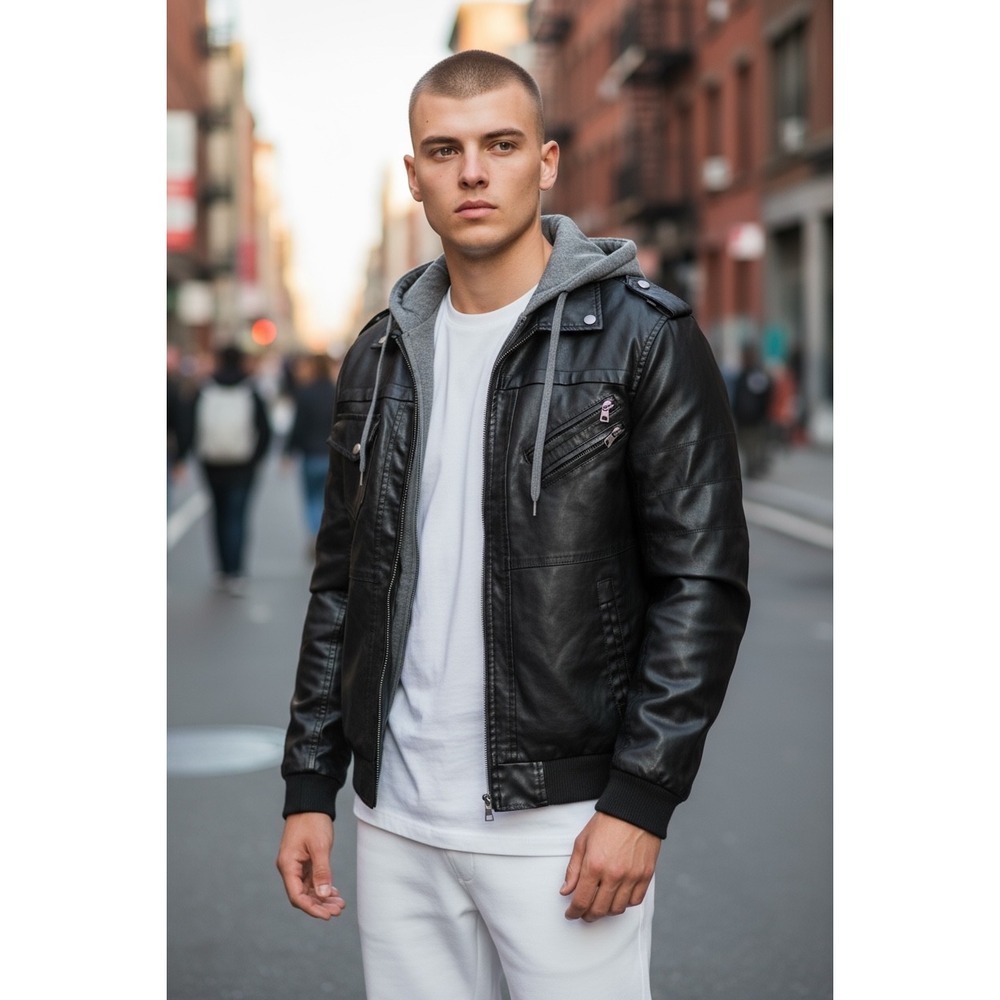 New 🔥Faux Leather 🤑Jacket Hooded Sweatshirt Layer MotoGrungePunk Emo 90s 2000s